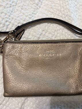 Coach Metallic Taupe Leather Wristlet Clutch